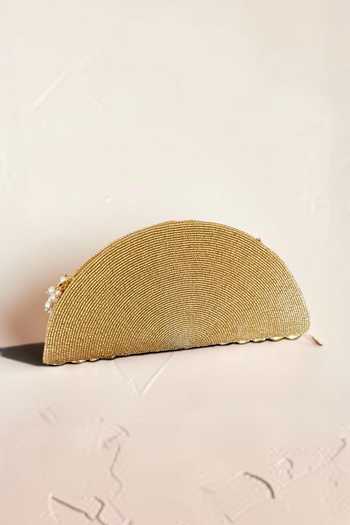 Bhavna Kumar_Gold Velvet D-shaped Kundan Clutch Bag _Online_at_Aza_Fashions