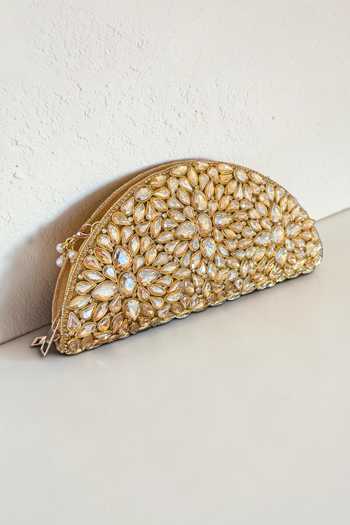 Shop_Bhavna Kumar_Gold Velvet D-shaped Kundan Clutch Bag _at_Aza_Fashions