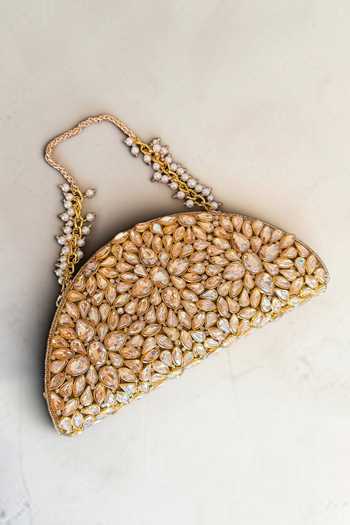Buy_Bhavna Kumar_Gold Velvet D-shaped Kundan Clutch Bag _at_Aza_Fashions