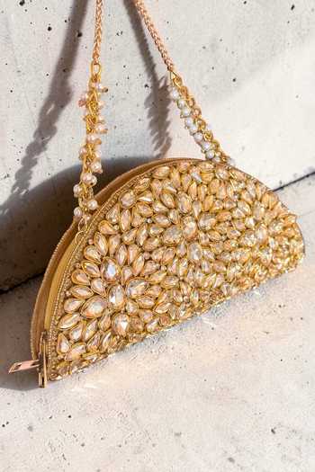 Buy_Bhavna Kumar_Gold Velvet D-shaped Kundan Clutch Bag _Online_at_Aza_Fashions