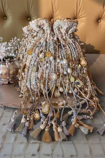 Bhavna Kumar_Gold Sequins, Beads, Pearls, Mirrors, Tassels Rope Embellished Potli _Online_at_Aza_Fashions