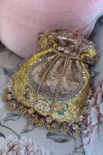 Bhavna Kumar_Gold Embroidery, Beads, Pearls, Zari, Stones, Kundan Embellished Crushed Potli _Online_at_Aza_Fashions