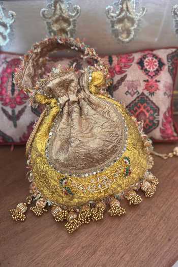 Shop_Bhavna Kumar_Gold Embroidery, Beads, Pearls, Zari, Stones, Kundan Embellished Crushed Potli _at_Aza_Fashions