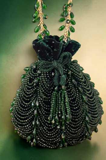 Shop_Bhavna Kumar_Green Beads, Tassels Scallop Potli _at_Aza_Fashions