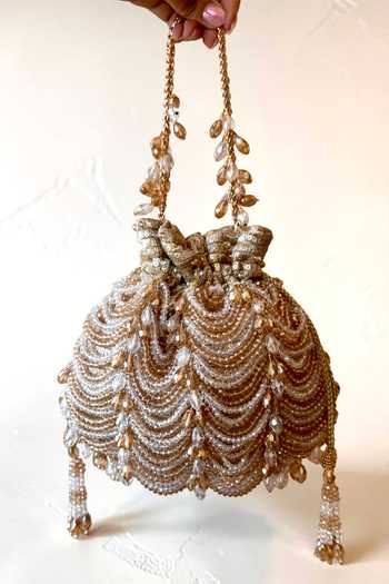 Shop_Bhavna Kumar_Gold Embroidery, Beads, Crystals, Tassels Scallop Embellished Potli _at_Aza_Fashions
