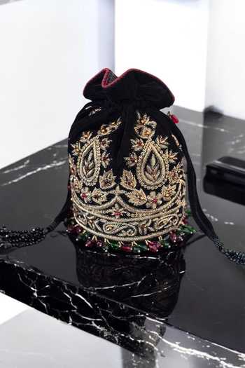 Buy_Bhavna Kumar_Black Embroidery, Beads, Zari, Stones, Tassels Zardozi Embellished Potli _Online_at_Aza_Fashions