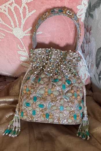 Buy_Bhavna Kumar_Multi Color Embroidery, Beads, Stones, Crystals, Tassels Pastel Potli _Online_at_Aza_Fashions