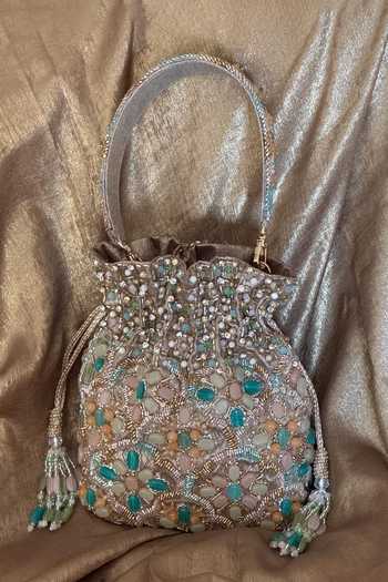 Shop_Bhavna Kumar_Multi Color Embroidery, Beads, Stones, Crystals, Tassels Pastel Potli _at_Aza_Fashions