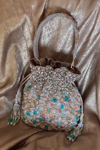 Shop_Bhavna Kumar_Multi Color Embroidery, Beads, Stones, Crystals, Tassels Pastel Potli _Online_at_Aza_Fashions