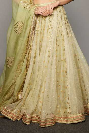 Itrh_Green Chanderi, Silk Organza, Lampi V-neck Lehja Embroidered Lehenga Set _Online_at_Aza_Fashions