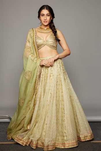 Buy_Itrh_Green Chanderi, Silk Organza, Lampi V-neck Lehja Embroidered Lehenga Set _at_Aza_Fashions