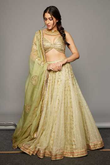 Shop_Itrh_Green Chanderi, Silk Organza, Lampi V-neck Lehja Embroidered Lehenga Set _at_Aza_Fashions
