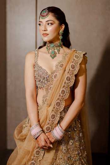 Shop_Itrh_Pink Organza, Velvet Halter Neck Mrigakshi Embroidered Lehenga Set _Online_at_Aza_Fashions