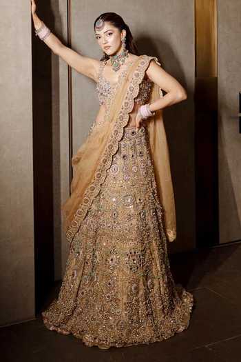 Buy_Itrh_Pink Organza, Velvet Halter Neck Mrigakshi Embroidered Lehenga Set _at_Aza_Fashions