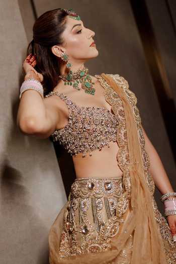 Itrh_Pink Organza, Velvet Halter Neck Mrigakshi Embroidered Lehenga Set _at_Aza_Fashions