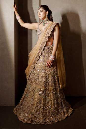 Shop_Itrh_Pink Organza, Velvet Halter Neck Mrigakshi Embroidered Lehenga Set 
