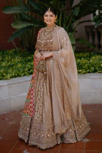 Shop_Itrh_Gold Silk, Tissue, Brocade High Swarnali Hand Embroidered Bridal Lehenga Set _at_Aza_Fashions