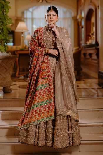 Buy_Itrh_Gold Silk, Tissue, Brocade High Swarnali Hand Embroidered Bridal Lehenga Set _at_Aza_Fashions
