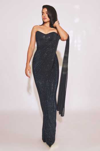 Itrh_Black Net Crystals Sweetheart Shyamali Embellished Pre-draped Saree With Corset _Online_at_Aza_Fashions