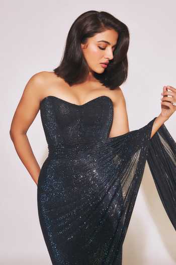 Shop_Itrh_Black Net Crystals Sweetheart Shyamali Embellished Pre-draped Saree With Corset _Online_at_Aza_Fashions