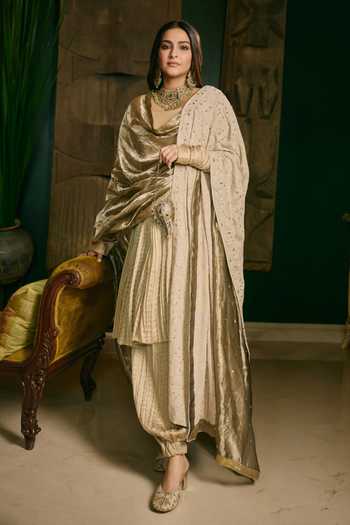 Buy_Itrh_Cream Silk, Chanderi Silk, Tissue Cowl Neck Swarnima Embroidered Anarkali Set _at_Aza_Fashions