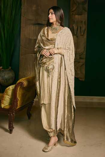 Shop_Itrh_Cream Silk, Chanderi Silk, Tissue Cowl Neck Swarnima Embroidered Anarkali Set _at_Aza_Fashions