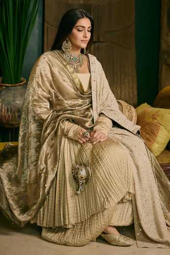 Itrh_Cream Silk, Chanderi Silk, Tissue Cowl Neck Swarnima Embroidered Anarkali Set _Online_at_Aza_Fashions