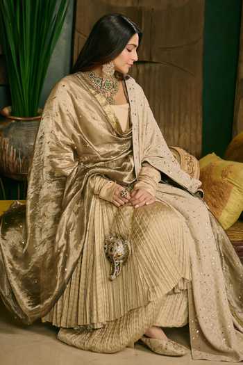 Buy_Itrh_Cream Silk, Chanderi Silk, Tissue Cowl Neck Swarnima Embroidered Anarkali Set _Online_at_Aza_Fashions