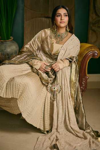Shop_Itrh_Cream Silk, Chanderi Silk, Tissue Cowl Neck Swarnima Embroidered Anarkali Set _Online_at_Aza_Fashions