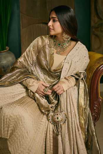 Itrh_Cream Silk, Chanderi Silk, Tissue Cowl Neck Swarnima Embroidered Anarkali Set _at_Aza_Fashions