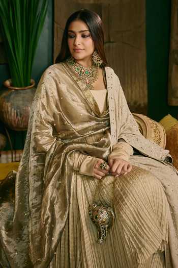 Buy_Itrh_Cream Silk, Chanderi Silk, Tissue Cowl Neck Swarnima Embroidered Anarkali Set 