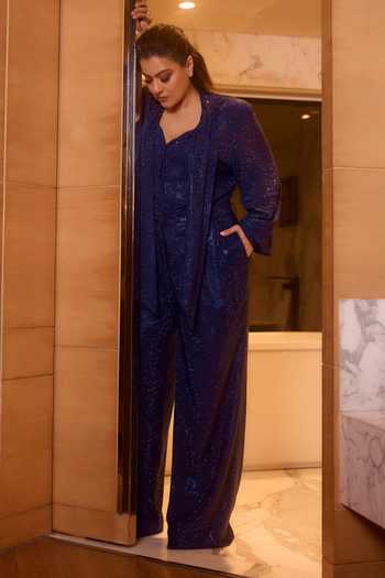 Itrh_Blue Net V-neck Stardust Crystal Embellished Shirt And Trouser Set _Online_at_Aza_Fashions