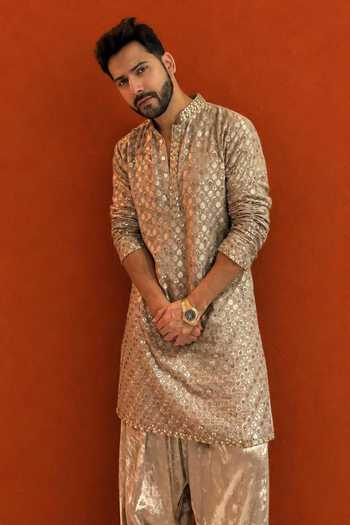 Shop_Itrh_Gold Brocade, Velvet Reyaan Embroidered Kurta Set _at_Aza_Fashions