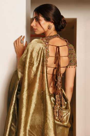 Shop_Itrh_Gold Tissue, Net Round Neck Svarnalekha Jadau Saree With Blouse _at_Aza_Fashions