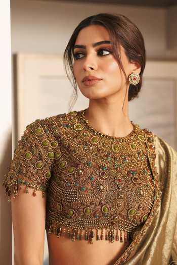 Shop_Itrh_Gold Tissue, Net Round Neck Svarnalekha Jadau Saree With Blouse _Online_at_Aza_Fashions