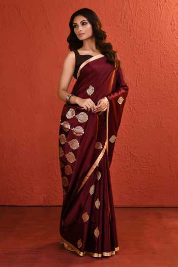 Buy_Vishwa By Pinki Sinha_Maroon Silk Mashru Saree With Running Blouse 