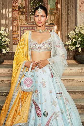 Buy_Matsya_Blue Silk Sweetheart Neck The Aasma Embroidered Bridal Lehenga Set _Online_at_Aza_Fashions