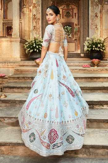Shop_Matsya_Blue Silk Sweetheart Neck The Aasma Embroidered Bridal Lehenga Set _at_Aza_Fashions