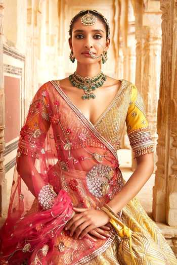 Matsya_Yellow Velvet V-neck The French Rose Tales Of Masai Bridal Lehenga Set _Online_at_Aza_Fashions