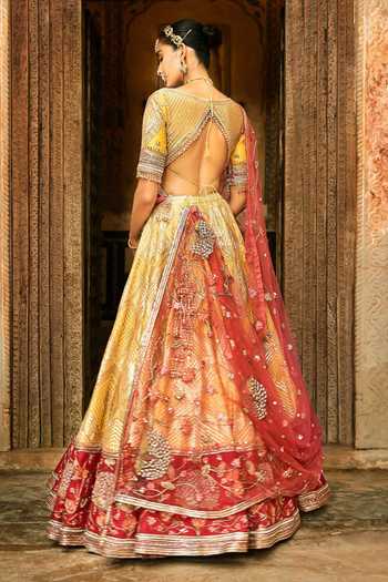 Shop_Matsya_Yellow Velvet V-neck The French Rose Tales Of Masai Bridal Lehenga Set _at_Aza_Fashions