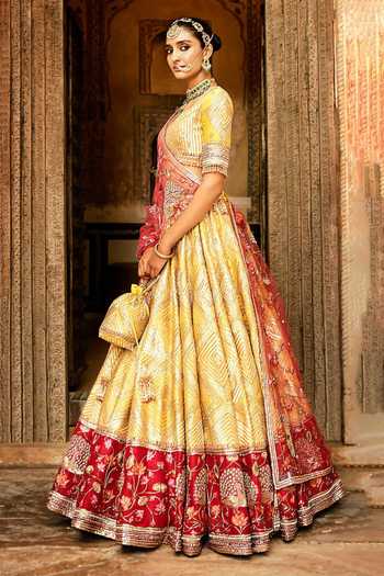 Buy_Matsya_Yellow Velvet V-neck The French Rose Tales Of Masai Bridal Lehenga Set _Online_at_Aza_Fashions