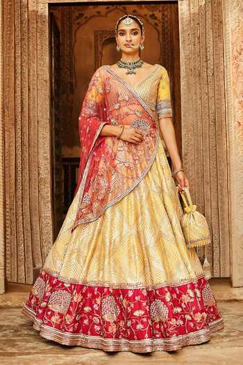 Buy_Matsya_Yellow Velvet V-neck The French Rose Tales Of Masai Bridal Lehenga Set _at_Aza_Fashions