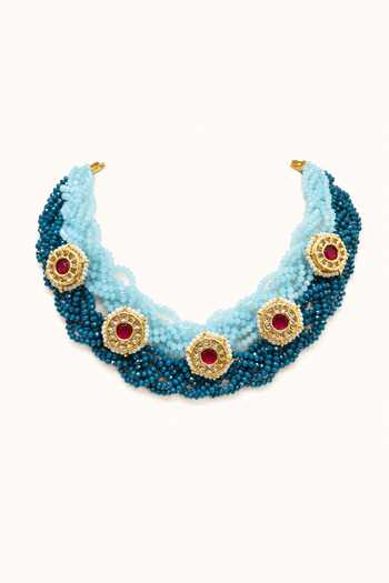 Tad Accessories_Blue Crystal Beaded And Imitation Polki Necklace _Online_at_Aza_Fashions
