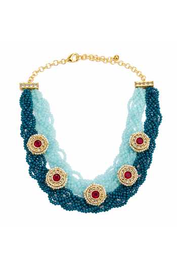 Shop_Tad Accessories_Blue Crystal Beaded And Imitation Polki Necklace _at_Aza_Fashions