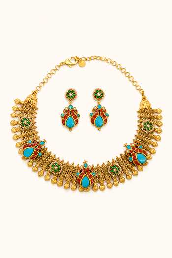 Shop_Tad Accessories_Gold Plated Stone Studded And Imitation Polki Necklace Set _at_Aza_Fashions