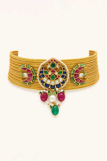 Shop_Tad Accessories_Gold Plated Stone Studded And Imitation Polki Necklace Set _Online_at_Aza_Fashions