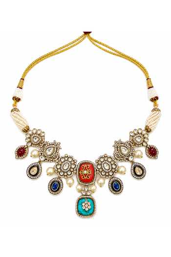 Buy_Tad Accessories_Multi Color Stone Studded And Imitation Polki Necklace Set _Online_at_Aza_Fashions