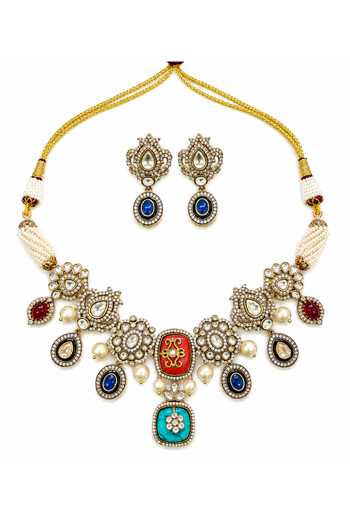 Shop_Tad Accessories_Multi Color Stone Studded And Imitation Polki Necklace Set _at_Aza_Fashions