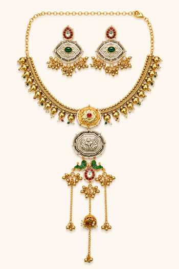 Shop_Tad Accessories_Multi Color Stone Studded And Imitation Polki Necklace Set _at_Aza_Fashions