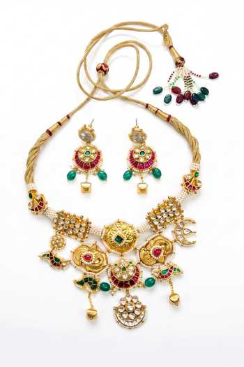 Shop_Tad Accessories_Gold Plated Faux Pearls And Stone Studded Necklace Set _at_Aza_Fashions